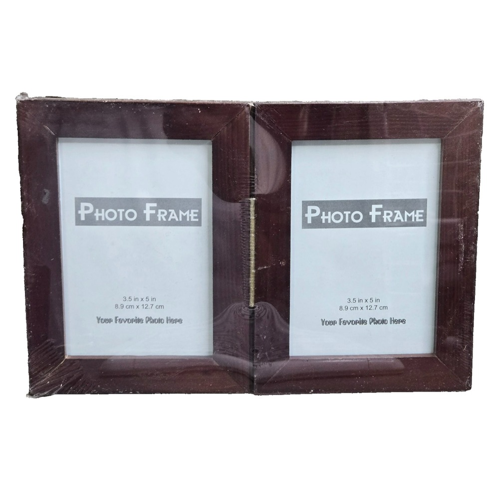 Vintage Dark Wood Hinged Double Folding Picture Frame 3.5 x 5 Tabletop Display